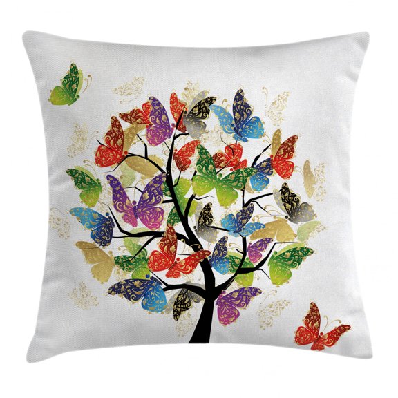 Modern Decor Throw Pillow Cushion Cover, Artistic Nature Tree with Floral Butterflies Leaves Vivid Vibrant Art Print, Decorative Square Accent Pillow Case, 16 X 16 Inches, Multicolor, by Ambesonne