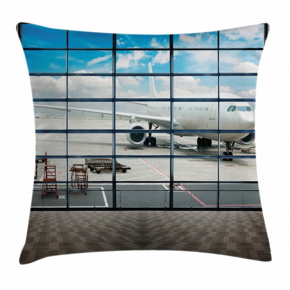 Modern Decor Throw Pillow Cushion Cover, China Shangai Airport with Big Jet Plane Wanderlust Traveller Photo, Decorative Square Accent Pillow Case, 16 X 16 Inches, White and Sky Blue, by Ambesonne