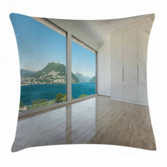 Modern Decor Throw Pillow Cushion Cover, Interior of Penthouse Empty Living Room Large Windows Sea Mountains View, Decorative Square Accent Pillow Case, 18 X 18 Inches, White Blue Beige, by Ambesonne