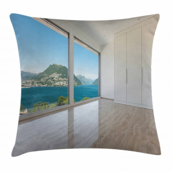 Modern Decor Throw Pillow Cushion Cover, Interior of Penthouse Empty Living Room Large Windows Sea Mountains View, Decorative Square Accent Pillow Case, 20 X 20 Inches, White Blue Beige, by Ambesonne