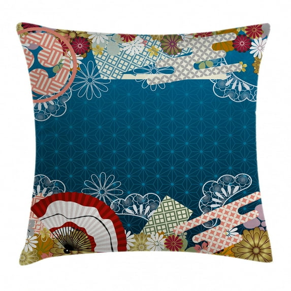Modern Decor Throw Pillow Cushion Cover, Japanese Contemporary Asian Art with Flowers Hand Fans on Blue Backdrop Print, Decorative Square Accent Pillow Case, 16 X 16 Inches, Multicolor, by Ambesonne