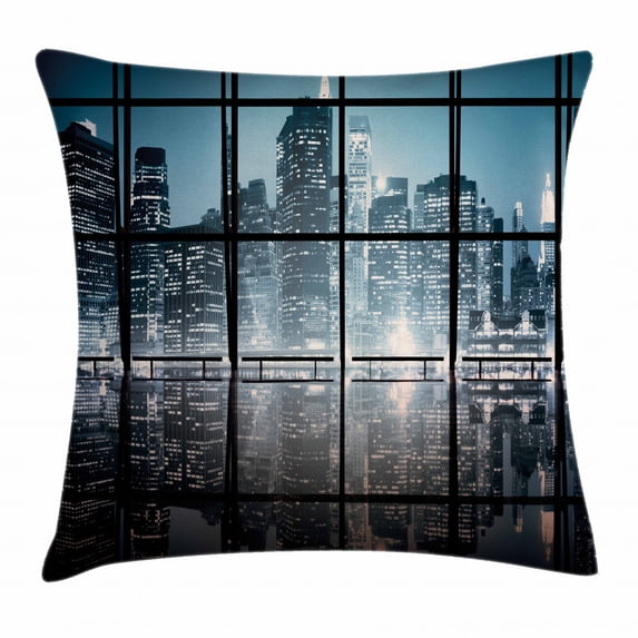 Modern Decor Throw Pillow Cushion Cover, Modern New York City Scenery at Night with Skyscrapers Buildings, Decorative Square Accent Pillow Case, 20 X 20 Inches, Black and Dark Blue, by Ambesonne