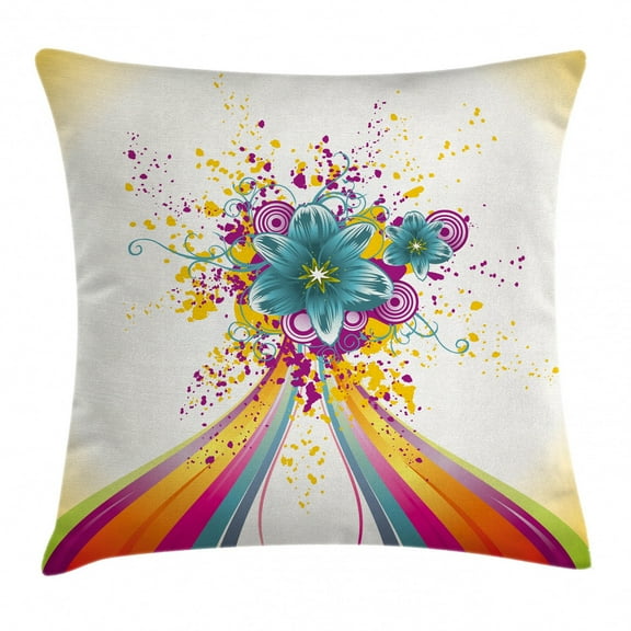 Modern Decor Throw Pillow Cushion Cover, Rainbow Colored Image with Bold Lines and Flowers Buds Blossoms Ivy Artwork, Decorative Square Accent Pillow Case, 20 X 20 Inches, Multicolor, by Ambesonne