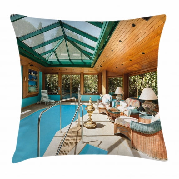 Modern Decor Throw Pillow Cushion Cover, Residential House Large Indoor Pool Furniture Sunrays Leisure Time, Decorative Square Accent Pillow Case, 18 X 18 Inches, Green Light Brown Blue, by Ambesonne