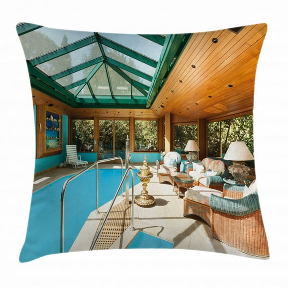 Modern Decor Throw Pillow Cushion Cover, Residential House Large Indoor Pool Furniture Sunrays Leisure Time, Decorative Square Accent Pillow Case, 24 X 24 Inches, Green Light Brown Blue, by Ambesonne