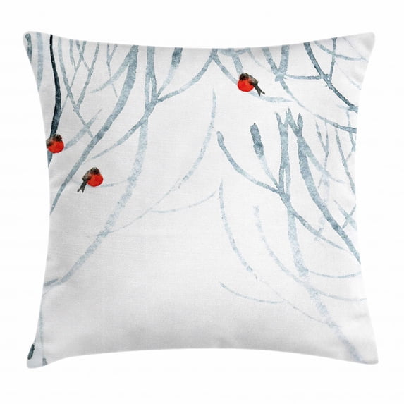 Modern Decor Throw Pillow Cushion Cover, Trees Water Colored Image of Winter Woods with Bullfinches, Decorative Square Accent Pillow Case, 18 X 18 Inches, Black White Light Grey and Red, by Ambesonne
