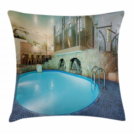 Modern Decor Throw Pillow Cushion Cover, Vivid Blue Swimming Pool in Spa Interior Resort Relaxation Theraphy Theme, Decorative Square Accent Pillow Case, 16 X 16 Inches, Blue Aqua Beige, by Ambesonne