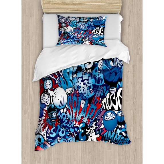 Modern Decor Twin Size Duvet Cover Set, Teenager Style Image Wall Street Graffiti Graphic Colorful Design Artwork, Decorative 2 Piece Bedding Set with 1 Pillow Sham, Multicolor, by Ambesonne