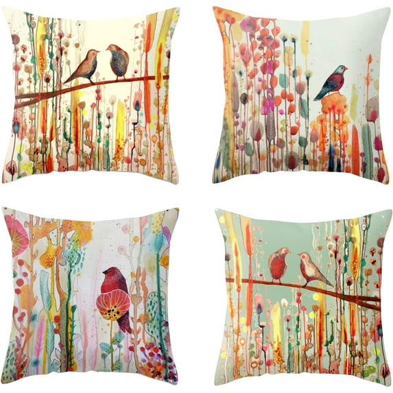 Modern Decoration Throw Pillow Covers 18x18 Set of 4 Retro Bird Flowers Throw Pillowcover Vintage Sofa Cushion Cover for Couch Double Print