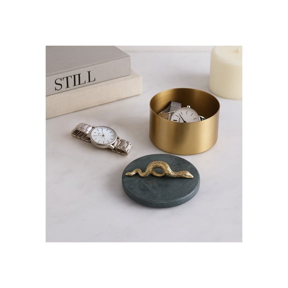 Round Decorative Box with Marble Lid and Snake Handle for Home Decor - Decorative Storage for Living Room and Keepsake - Metal Organizer Decor Box for Jewelry and Small Items - 5", Gold & Green