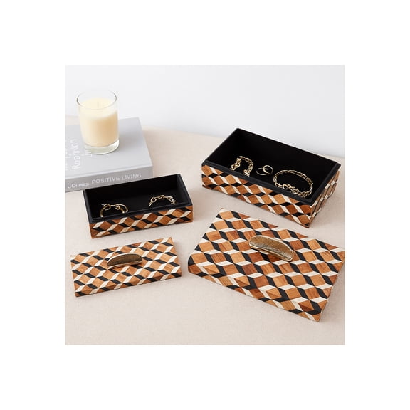 Decorative Geometric Box with Metal Handle for Home Decor - Home Organizer Decor Box with Lid for Living Room and Bedroom - Storage for Jewelry and Keepsake - Set of 2, 6", 5", Black & Brown