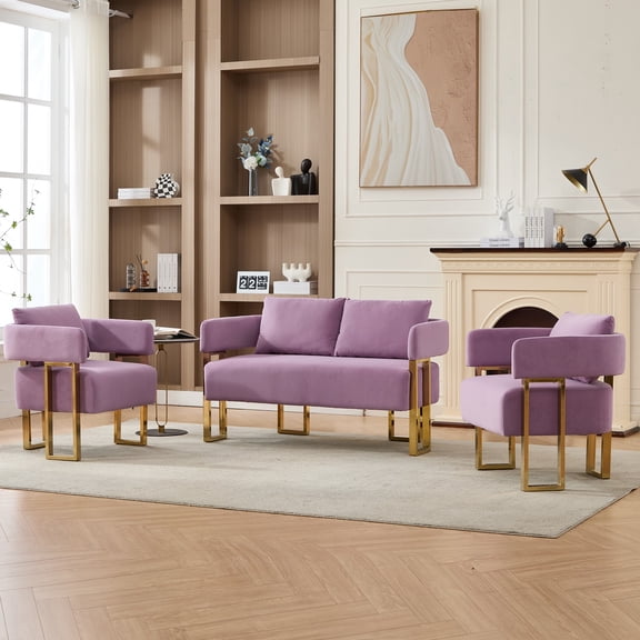 3 PCS Modern Decorative Sofa Set, Living Room Side Chair with Gold Metal Legs, Suitable for Dressing Area, Reception Room, Office,Teddy Fleece Upholstered Metal Foot Sofas (Purple)