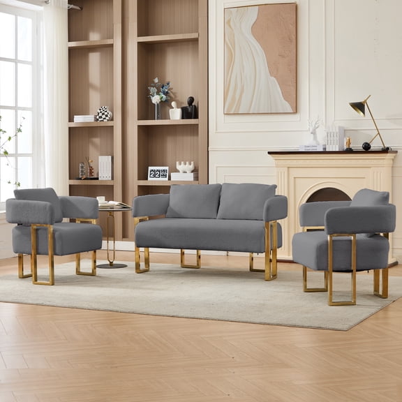 3 PCS Modern Decorative Sofa Set, Living Room Side Chair with Gold Metal Legs, Suitable for Dressing Area, Reception Room, Office,Teddy Fleece Upholstered Metal Foot Sofas (Gray)