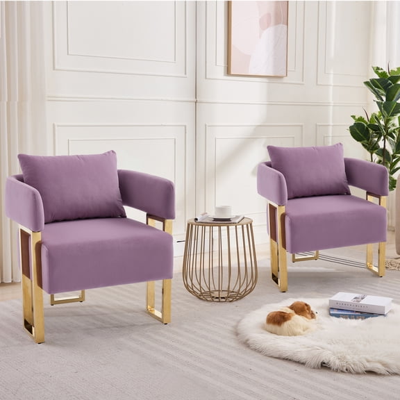Modern Decorative Chair, Living Room Side Chair with Gold Metal Legs, No Wheels, Suitable for Dressing Area, Reception Room, Office, Teddy Fleece Upholstered Metal Foot Sofas, 2 PCS, Lilac