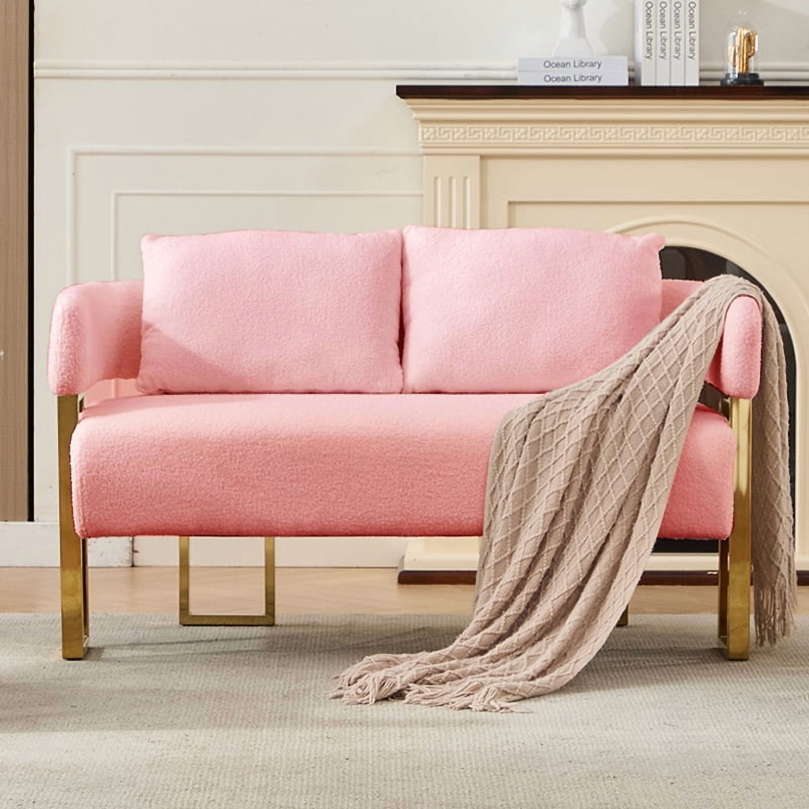 Modern Decorative Chair with Gold Metal Legs Pink Teddy Fleece Upholstered Living Room Side Chair for Dressing Area Reception Room Office