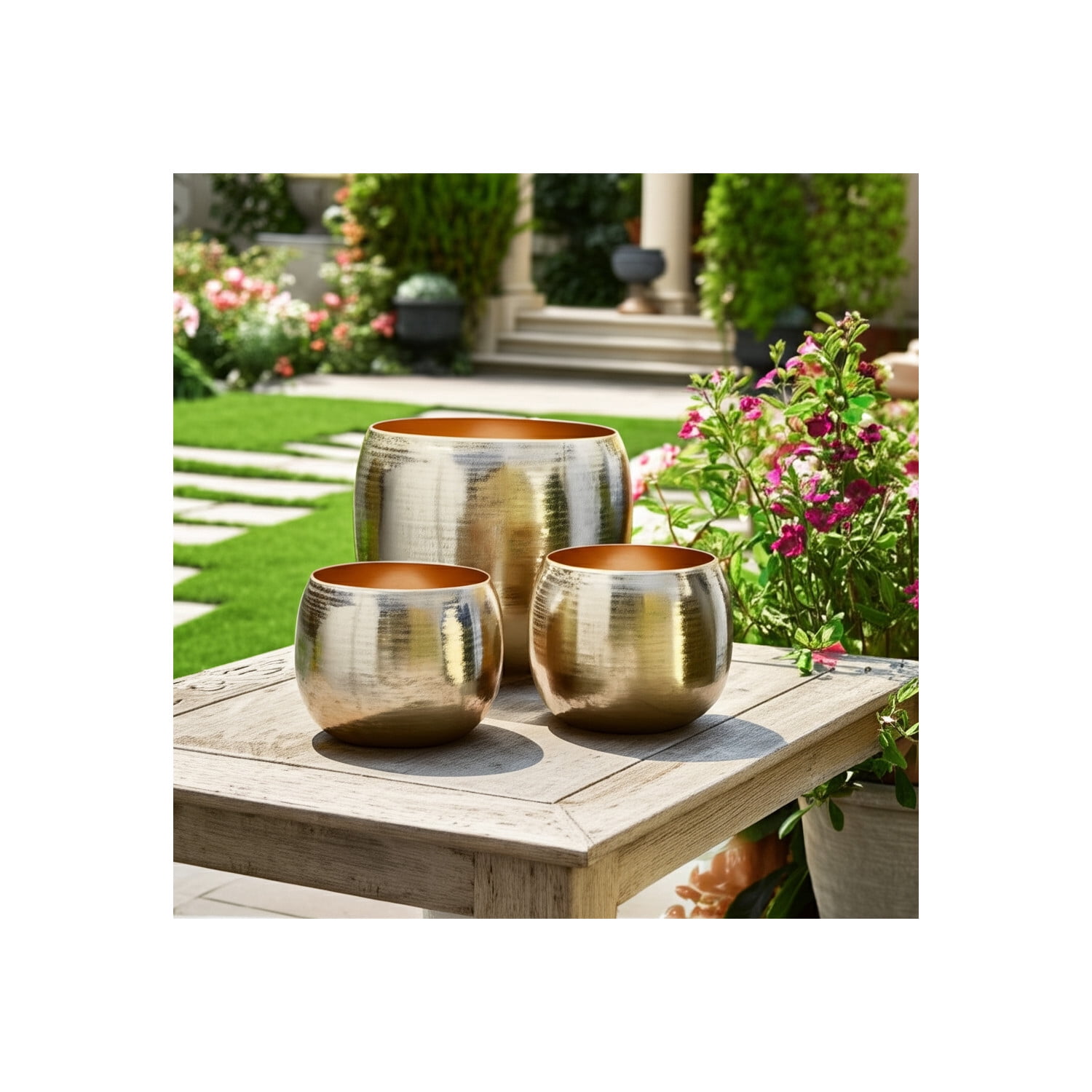 Hammered Metal Flower Pots for Home Decor - Decorative Metal Planters for Indoor Use and Outdoor Plants - Garden Pots for Patio, Entryway, Shelf, and Mantel Stylng - Set of 3, 11", 10", 8", Gold