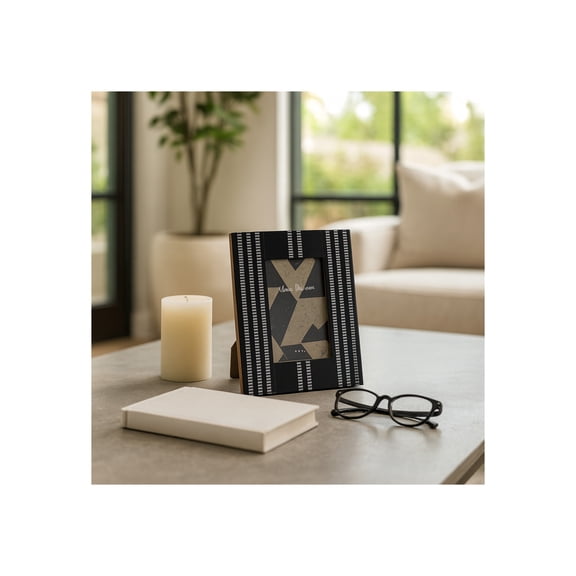 Picture Frame with Striped Design for Tabletop - Decorative Frame for Living Room, Bedroom, and Entryway Decor - Sleek Accent for Office Desk, Shelf, and Travel Photos Display - 9", Black & Ivory