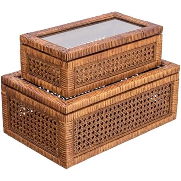 Modern Decorative Rectangle Woven Rattan and Wood Display Boxes with Glass Top, Set of 2 Sizes, Dark Brown Finish, Rectangular