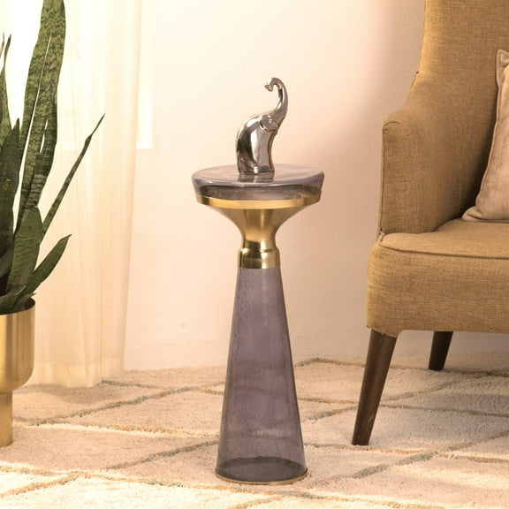 Modern Decorative Round Drink Table with Glass Base and Top with Gold Metal accent, Martini Table, Gold Pedestal Table, Tall side Table, Small space end table, For Living Room & Bedroom, Purple color