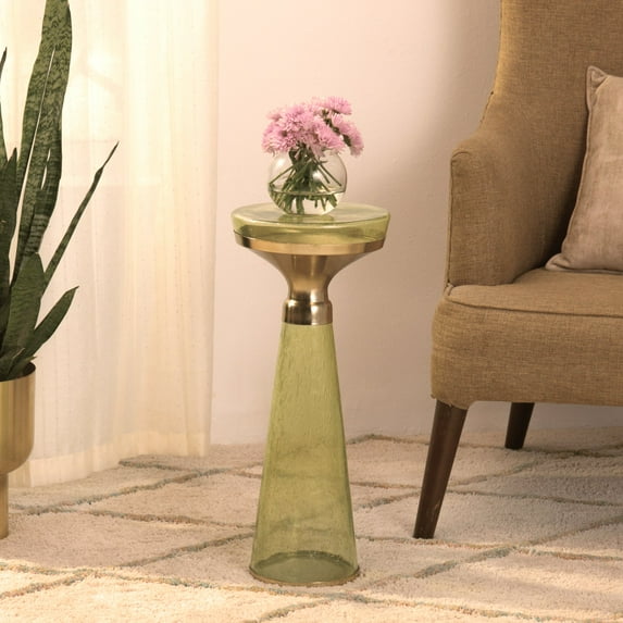 Modern Decorative Round Drink Table with Glass Base and Top with Gold Metal accent, Martini Table, Gold Pedestal Table, Tall side Table, Small space end table, For Living Room & Bedroom, Green color