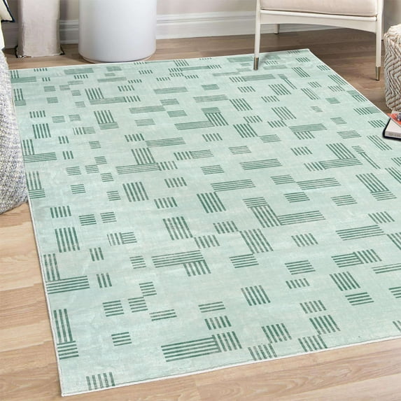 Modern Decorative Rug, Contemporary Style Geometric Bars and Squares Funky Striped Lattice Print, Quality Carpet for Bedroom Dorm and Living Room, 6 Sizes, Jade Green, by Ambesonne