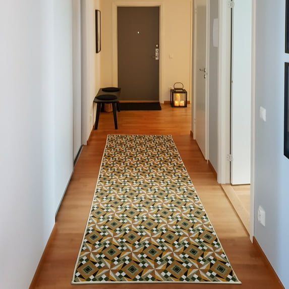 Modern Decorative Rug, Retro 60s 70s Vintage Geometrical Rounds Triangles Pattern Art Image, Quality Carpet for Bedroom Dorm and Living Room, 6 Sizes, Sage Green, by Ambesonne