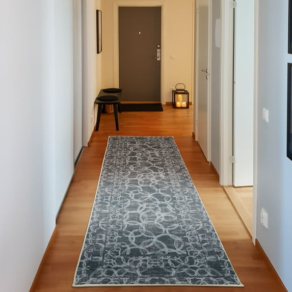 Modern Decorative Rug, Scribble Style Drawing of Repetitive Circles Grunge Effect in Modern Colors, Quality Carpet for Bedroom Dorm and Living Room, 6 Sizes, Dark Blue Grey, by Ambesonne