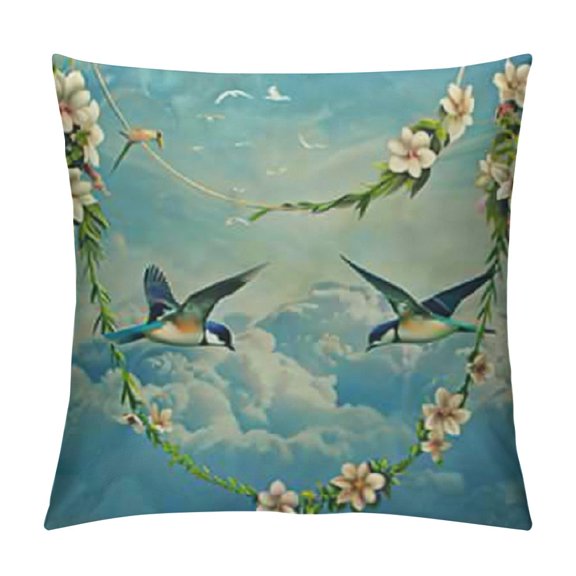Modern Decorative Throw Pillow Case Pack Wedding Celebration Theme Swallows Birds Clouds Ombre Design, Couch Bedroom Living Room Cushion Cover, Pale Green Slate Blue