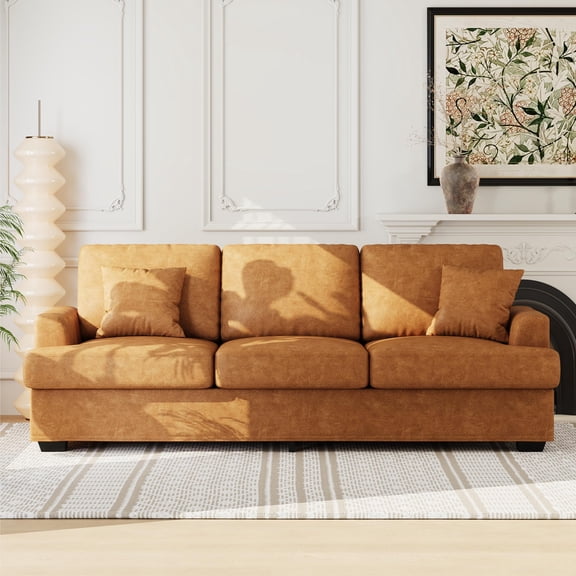 Modern Deep Seat 3-Seater Sofa Couch, Faux Leather or Corduroy Upholstery, Removable Back Cushions and 2 Throw Pillows, Comfortable Living Room Furniture, Multiple Colors