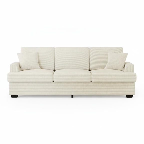 Modern Deep Seat 3-Seater Sofa Couch, Faux Leather or Corduroy Upholstery, Removable Back Cushions and 2 Throw Pillows, Comfortable Living Room Furniture, Multiple Colors