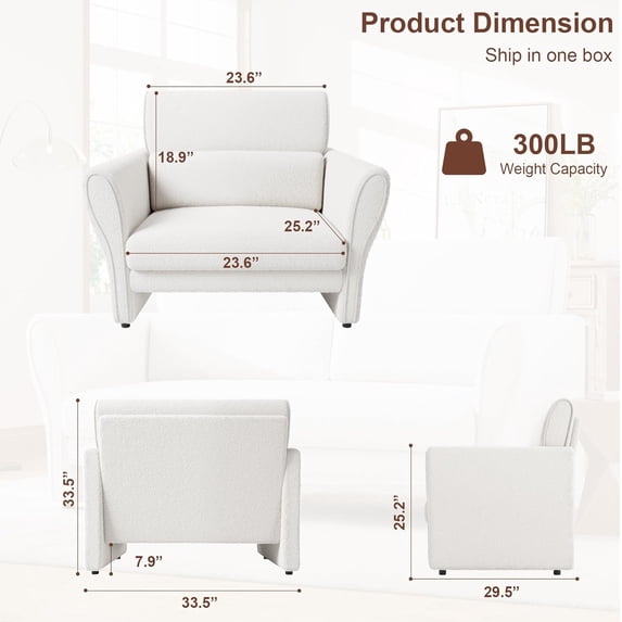 Modern Deep Seat Accent Chair - Offwhite Boucle Upholstery, Removable Lumbar Pillow, High Backrest, Faux Lambskin - Cozy for Living Room, Bedroom, Office - One, Offwhite Lambskin
