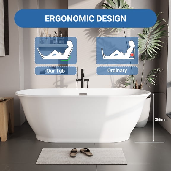 Modern Deep Soaking Freestanding Bathtub – 67 Inch Acrylic Pearl Shape Tub Dual- Chrome Overflow