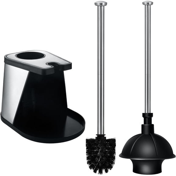 Modern Deluxe Freestanding Toilet Brush and Plunger Combo (Black - 7.5" x 9" x 20.5")