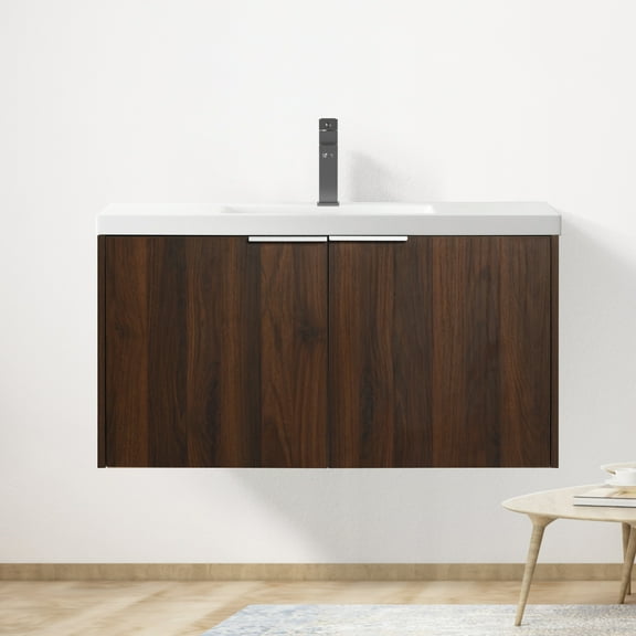 Modern Design 36 Inch Float Mounting Bathroom Vanity with Sink Soft Close Door, 2 Doors, California Walnut