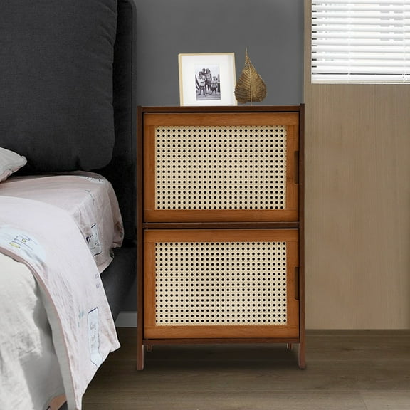 Modern Design Bamboo Bedside Table 2 Tier Nightstand 99.20lbs Floor Standing Rattan Night Stand Freestanding End Table with Large Capacity Modern Bed Side Table Dark Brown for Living Room