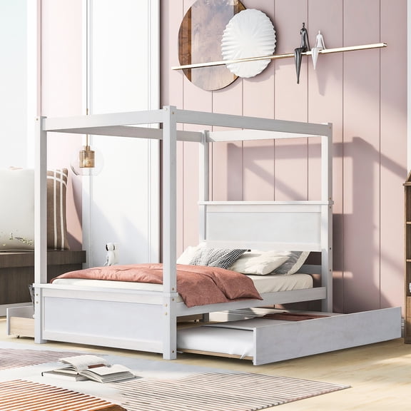 Modern Design Canopy Bed With Trundle And Efficient Storage Wood Platform Added Value