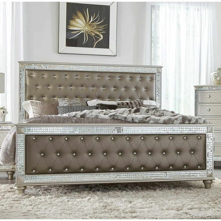 Modern Design Champagne Finish 1pc Est King Bed Acrylic Crystal Tufting Upholstered Headboard Elegant Style Bed