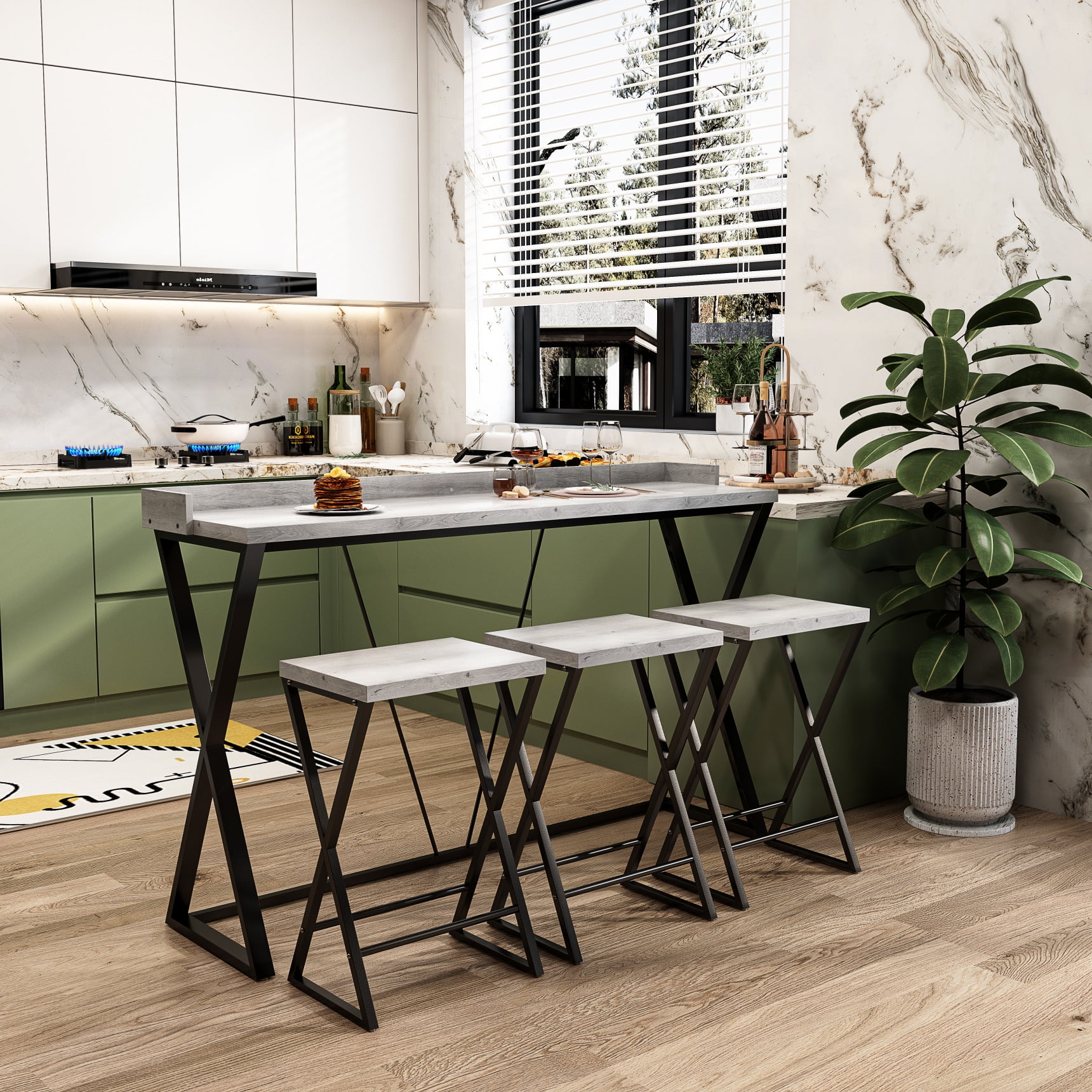 Modern Kitchen Dining Table Set with 3 Stools - Easy Assembly