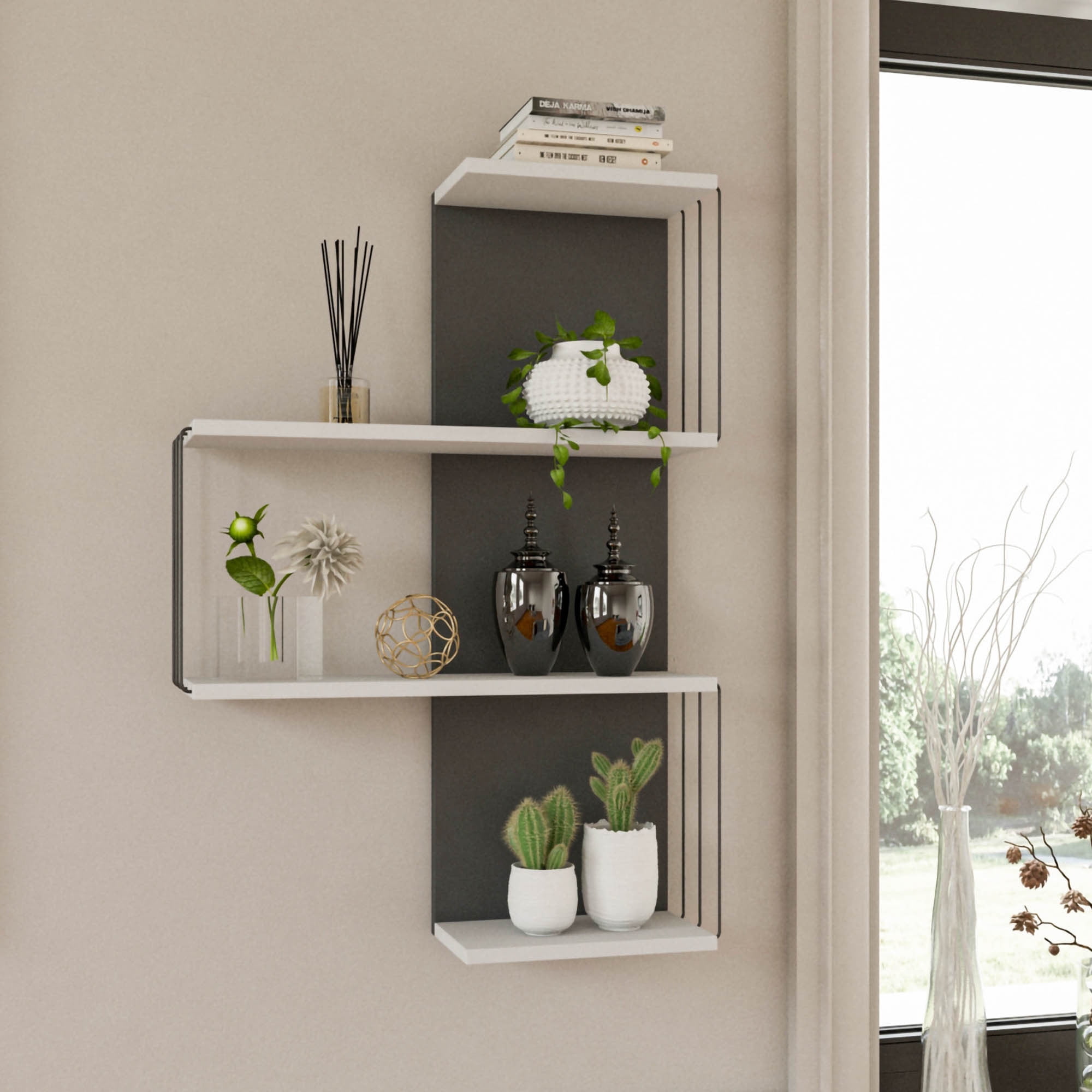 Modern Design Floating Shelf with 4 Shelves White Finish Bookshelf