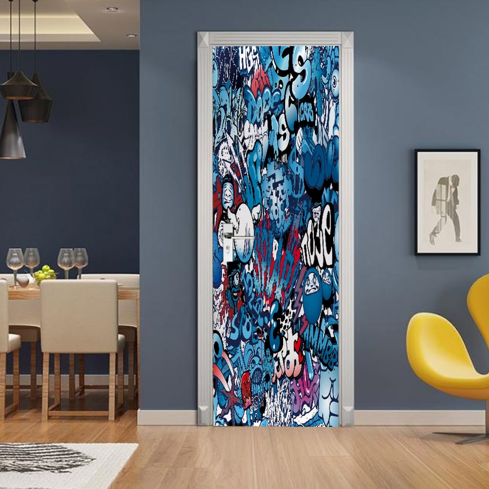 Modern Design Flower Door Sticker Geometry Graffiti Wooden Grain