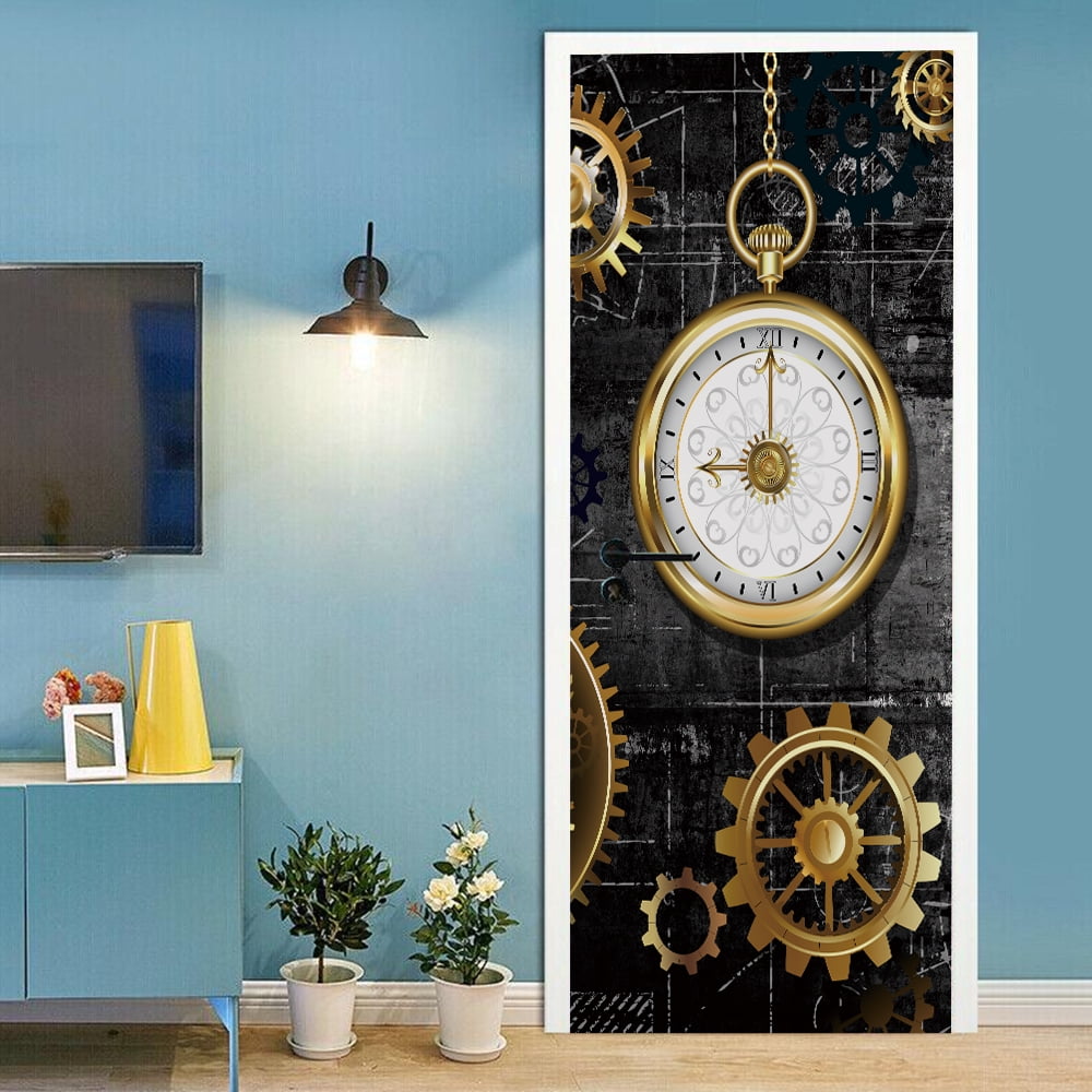 Modern Design Flower Door Sticker Geometry Graffiti Wooden Grain