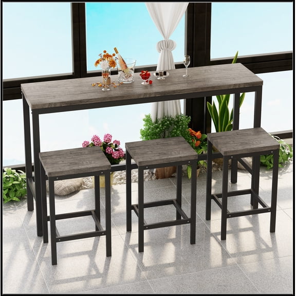 Modern Design Kitchen Dining Table, Pub Table, Long Dining Table Set with 3 Stools,Brown Gray