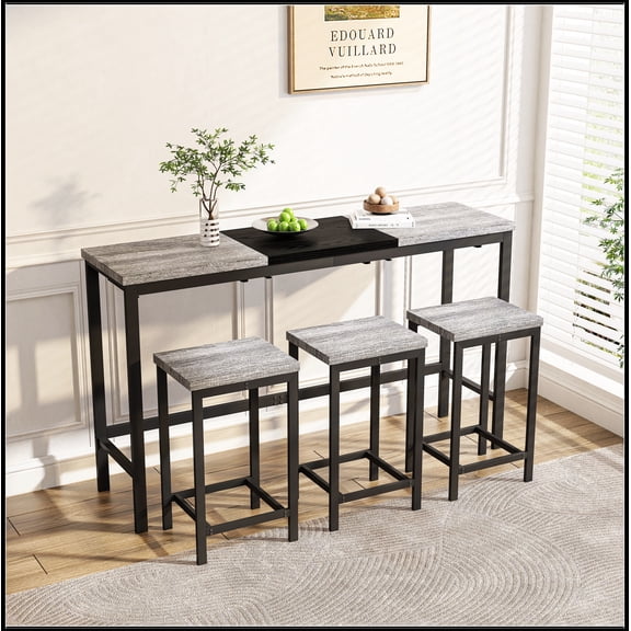 Modern Design Kitchen Dining Table, Pub Table, Long Dining Table Set with 3 Stools, Convenient Hanging Stool Design, Grey+Black