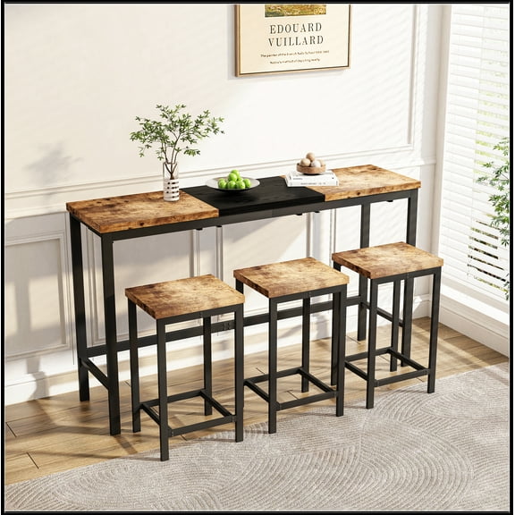 Modern Design Kitchen Dining Table, Pub Table, Long Dining Table Set with 3 Stools, Convenient Hanging Stool Design, Natural+Black