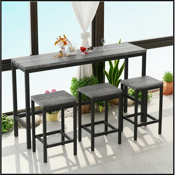 Modern Design Kitchen Dining Table, Pub Table, Long Dining Table Set with 3 Stools,Gray
