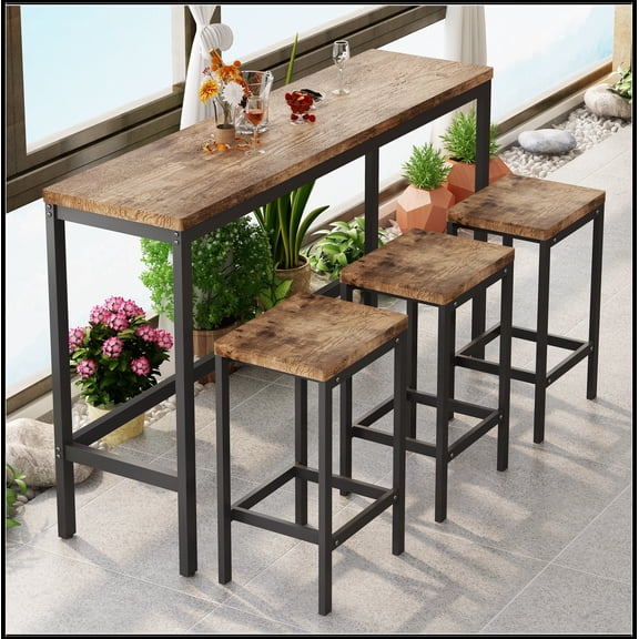 Modern Design Kitchen Dining Table, Pub Table, Long Dining Table Set with 3 Stools, Natural