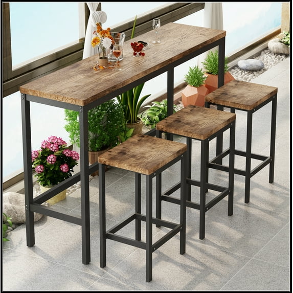 Modern Design Kitchen Dining Table, Pub Table, Long Dining Table Set with 3 Stools, Natural