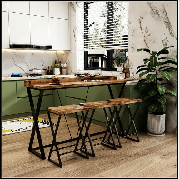 Modern Design Kitchen Dining Table, Pub Table with X-Shaped Table Legs, Long Dining Table Set with 3 Stools, Easy Assemble, Natural