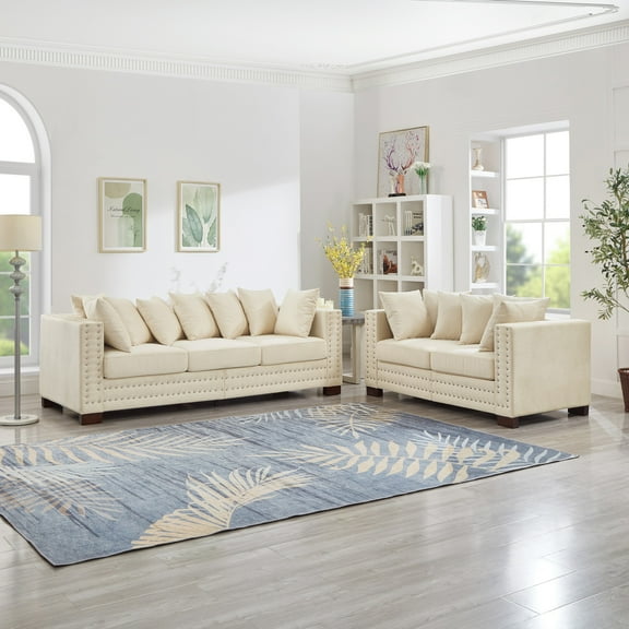 Modern Design Living Room Sofa 2+3 Seater Square Armrest with Silver Nails Decoration Upholstered Velvet Couch Apricot (Apricot)