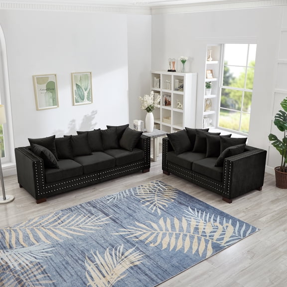 Modern Design Living Room Sofa 2+3 Seater Square armrest with Silver Nails Decoration Upholstered Velvet Couch Black